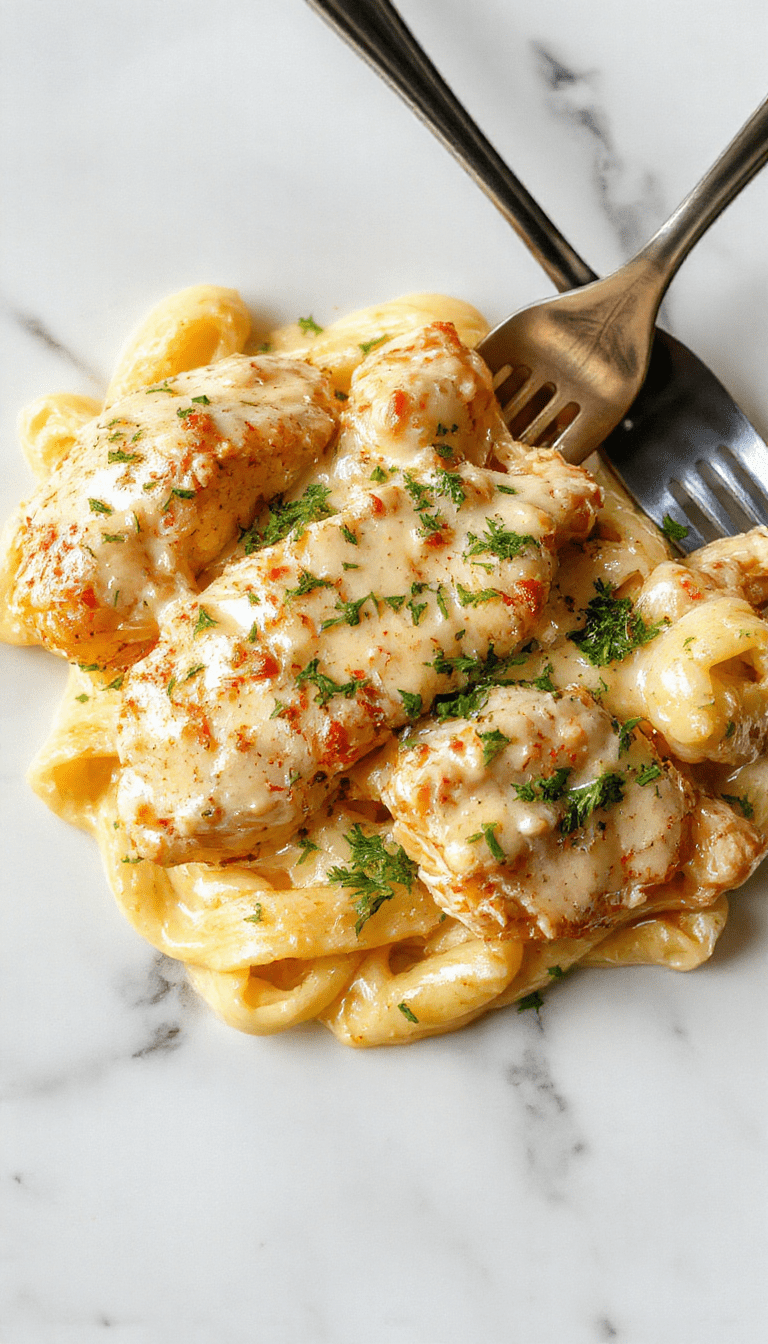 A close-up of a white ceramic plate holding creamy chicken Alfredo garnished with chopped parsley. The dish features tender chicken pieces and al dente fettuccine coated in glossy Alfredo sauce, with a sprinkle of grated Parmesan cheese on top. The background showcases a rustic wooden table with a fork twirling some pasta, styled with fresh herbs and a drizzle of sauce for an appetizing presentation.