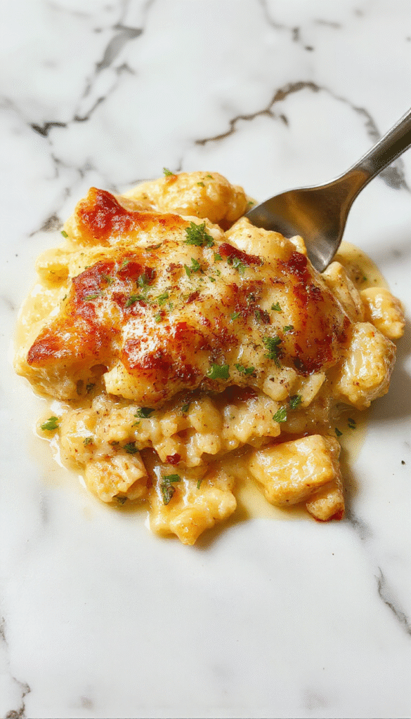 A vibrant bowl of creamy chicken pot pie pasta garnished with fresh herbs. The pasta is coated in a rich sauce with chunks of tender chicken, peas, and carrots, topped with a golden flaky crust crumble. The dish is styled on a rustic wooden table with a spoon, exuding warmth and homestyle appeal, with steam rising to highlight freshness.