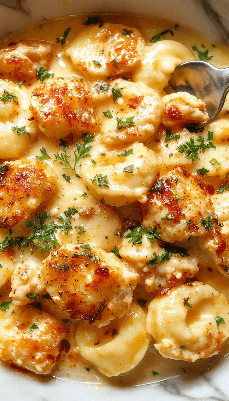 A vibrant plate showcasing creamy chicken tortellini garnished with fresh herbs, topped with melted cheese. The tortellini are plump and golden, set on a white ceramic plate with a rich, glossy sauce visible, surrounded by scattered herbs and a fork on a rustic wooden table.