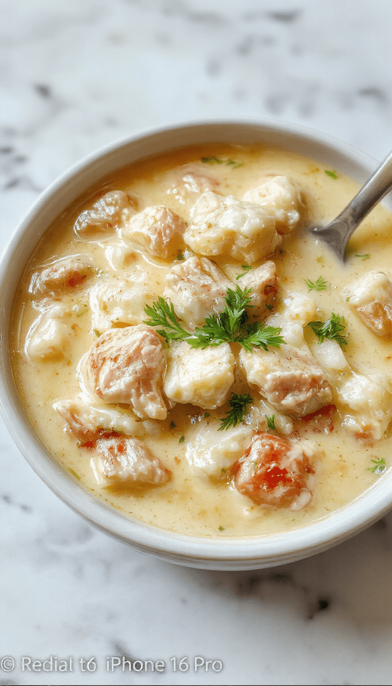 A steaming bowl of creamy chicken and rice soup garnished with chopped herbs. The soup has a rich, velvety texture with tender shredded chicken, fluffy rice, and colorful vegetables visible. The bowl is placed on a rustic wooden table, with a spoon resting beside it, showcasing its warm, inviting appearance and creamy consistency.