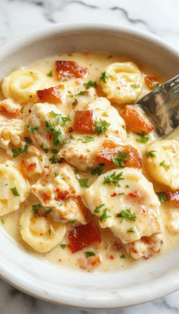 A vibrant bowl of creamy chicken tortellini sits on a rustic wooden table, topped with fresh basil and grated Parmesan cheese, surrounded by cooked tortellini and tender chicken pieces, captured in warm natural lighting highlighting the rich textures and vibrant colors.