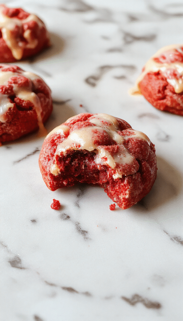 A close-up of vibrant red velvet cookie dough in a glass bowl, topped with white chocolate chips and a sprinkle of powdered sugar, styled with a wooden spatula and crumbs around, inviting and cozy.
