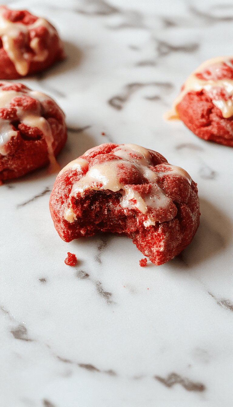 A close-up of vibrant red velvet cookie dough in a glass bowl, topped with white chocolate chips and a sprinkle of powdered sugar, styled with a wooden spatula and crumbs around, inviting and cozy.
