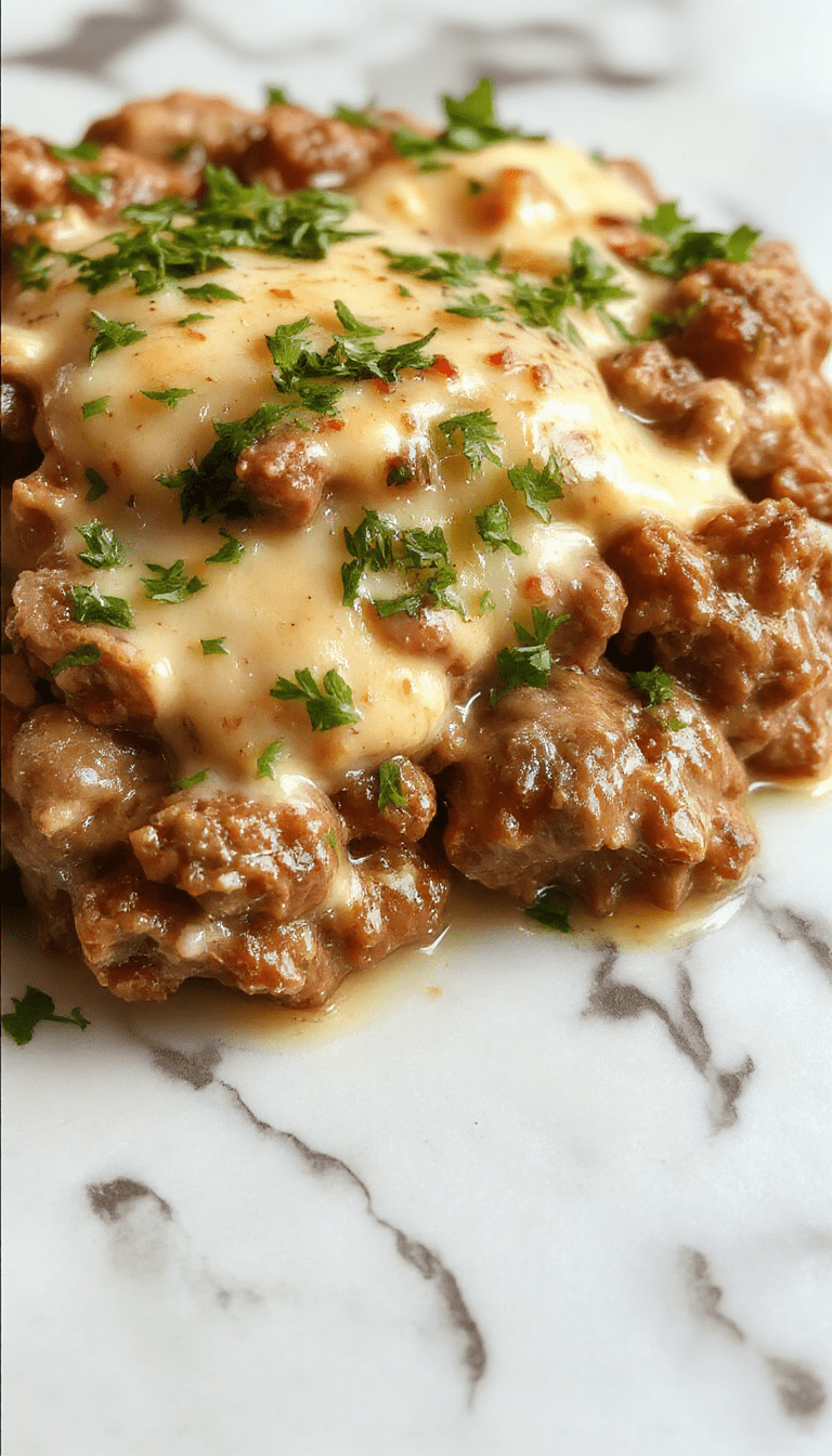A close-up of a white plate filled with creamy beef stroganoff topped with fresh parsley. The dish features tender ground beef in a rich, velvety mushroom sauce, served with a side of buttered egg noodles. The vibrant colors of the herbs contrast with the smooth brown sauce, creating a comforting, inviting presentation with a rustic wooden table background.