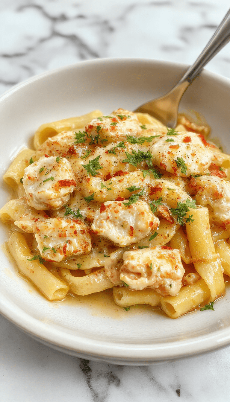 A vibrant plate of creamy Marry Me Chicken Pasta featuring tender chicken in a luscious white sauce, garnished with chopped herbs, served on a white ceramic plate with a fork, set against a rustic wooden table with fresh herbs and grated cheese scattered around.