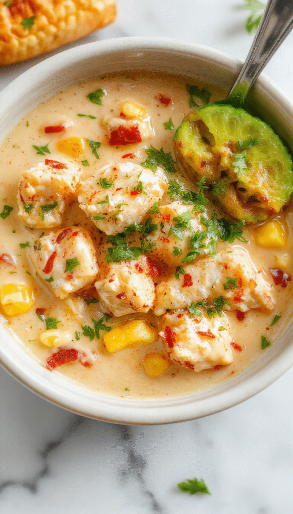 A vibrant bowl of white chicken chili topped with roasted corn, fresh cilantro, and crumbled cheese, garnished with lime wedges. The chili appears creamy with tender chunks of chicken, bright yellow corn kernels, and green herbs providing contrast. The bowl is placed on a rustic wooden surface with a spoon and colorful napkins, creating an inviting and appetizing scene.