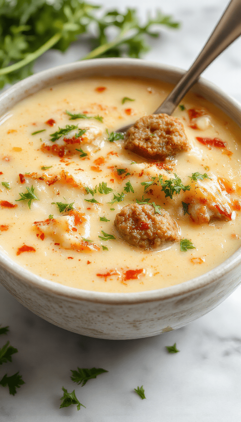 A steaming bowl of hearty Italian sausage soup topped with grated Parmesan cheese and fresh herbs, showcasing the rich textures of sausage, vibrant vegetables, and melted cheese against a rustic wooden table.
