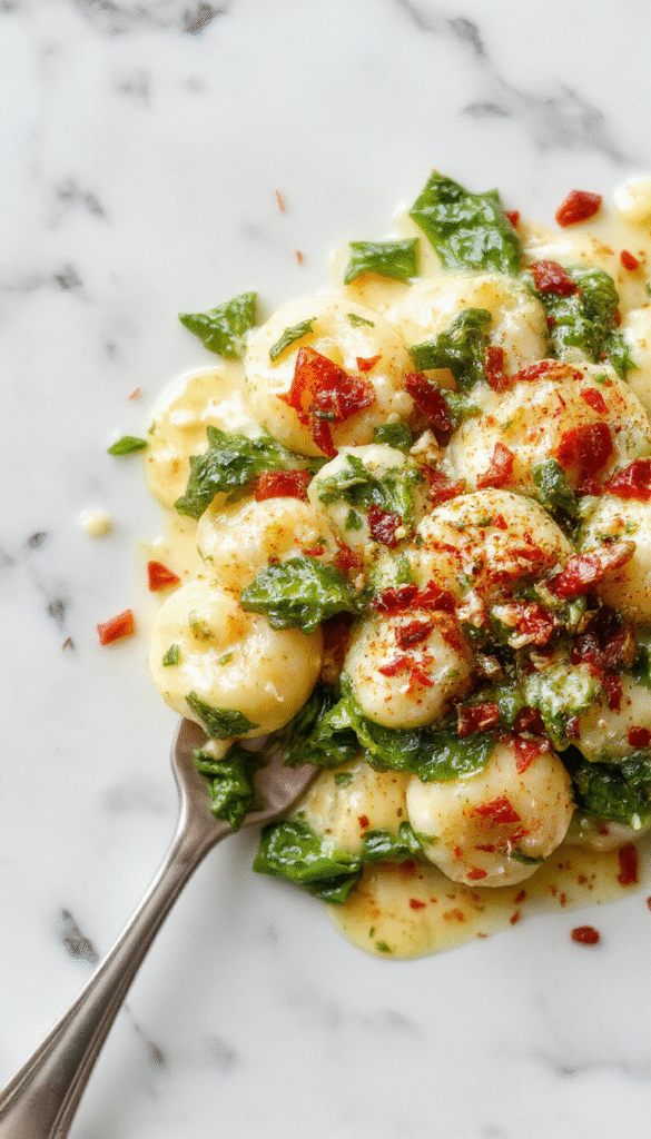 A vibrant, golden baked dish featuring fluffy gnocchi coated in rich green pesto sauce, topped with fresh spinach leaves and melted cheese, arranged beautifully in a white ceramic baking dish with a sprinkle of basil, styled on a rustic wooden table with some pesto drizzled around