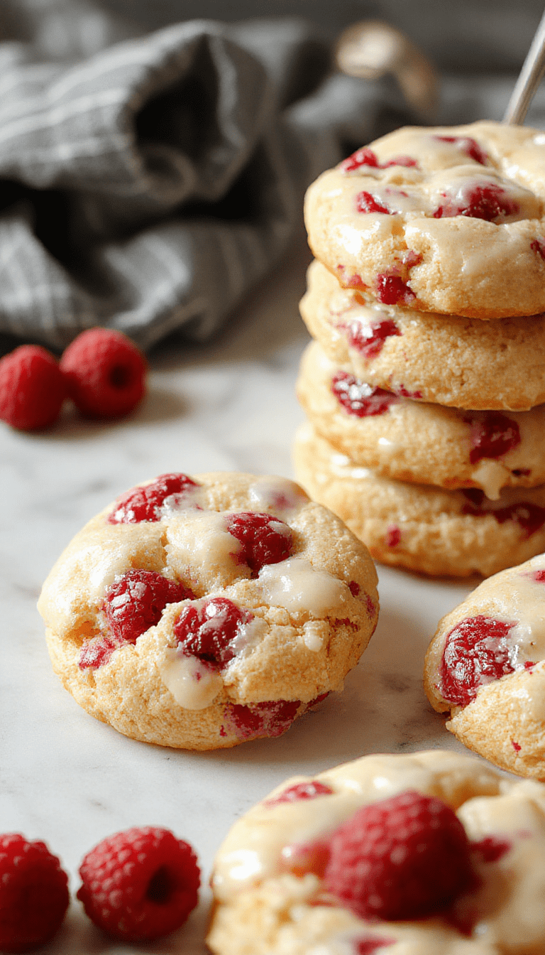 Colorful arrangement of buttery raspberry crumble cookies on a white ceramic plate, topped with fresh raspberries and powdered sugar, with a rustic wooden backdrop, highlighting the golden-brown texture and vibrant red berries.