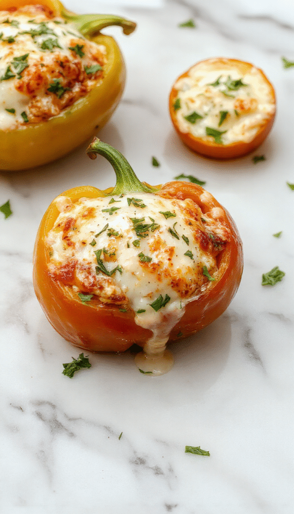 Colorful bell peppers filled with creamy ricotta cheese, topped with herbs, arranged on a rustic white plate with a wooden background, showcasing vibrant red, yellow, and orange peppers with a smooth texture and fresh garnishes.