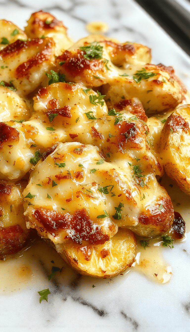 A close-up of a golden-brown roasted garlic potatoes au gratin, layered with creamy cheese sauce, garnished with fresh herbs, served in a rustic baking dish with crispy edges and tender potato slices