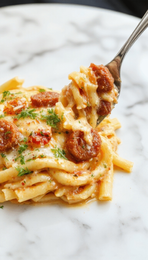 A close-up of a creamy sausage rigatoni dish in a rustic bowl, featuring golden-brown sausage slices coated in a rich, creamy sauce. The pasta is perfectly cooked, topped with fresh herbs and sprinkled with grated cheese. The background is a wooden table with a fork twirling a bite-sized portion, showcasing the textures and vibrant colors of the dish.