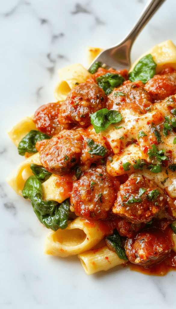A close-up shot of a hearty serving of creamy sausage rigatoni pasta topped with vibrant green spinach leaves and a rich, crimson tomato garlic sauce. The rigatoni are perfectly al dente, coated in a luscious creamy sauce with visible chunks of sausage and fresh spinach, styled on a rustic white plate with garnishes of chopped herbs and a sprinkle of grated cheese. The background features a wooden table and a sprig of basil for added freshness.