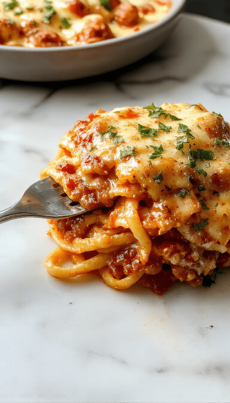 A vibrant plate of creamy southern spaghetti bake topped with melted golden cheese, garnished with chopped herbs, served in a rustic ceramic dish with a spoon on a wooden table, colorful ingredients like tomatoes and green herbs visible in the background, with steam rising to emphasize hot, cheesy goodness