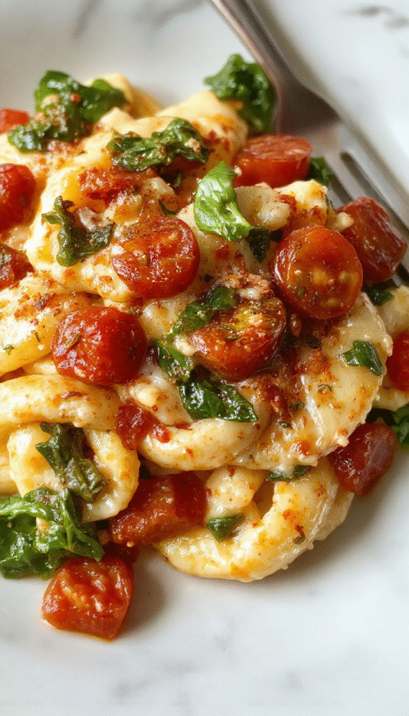 A vibrant plate of creamy spinach and ripe tomato pasta with fresh herbs on top, served on a white ceramic plate. The pasta is coated in a glossy, herb-infused sauce, garnished with shredded cheese and a sprig of basil. The background features a rustic wooden table with additional fresh ingredients like tomatoes and spinach, styled with natural lighting highlighting the textures and colors.