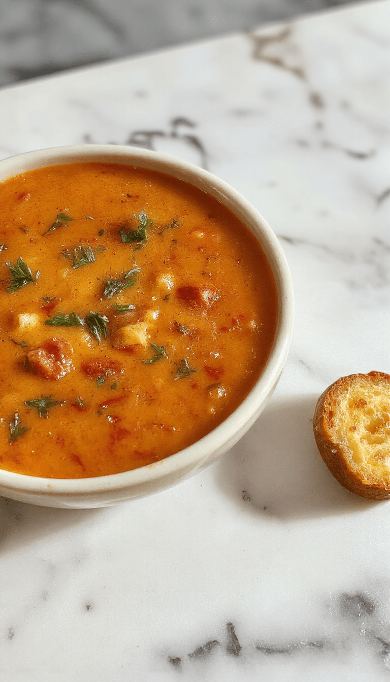 A vibrant bowl of creamy tomato soup garnished with fresh basil, drizzled with cream, served on a rustic wooden table with a spoon and a piece of crusty bread in the background.