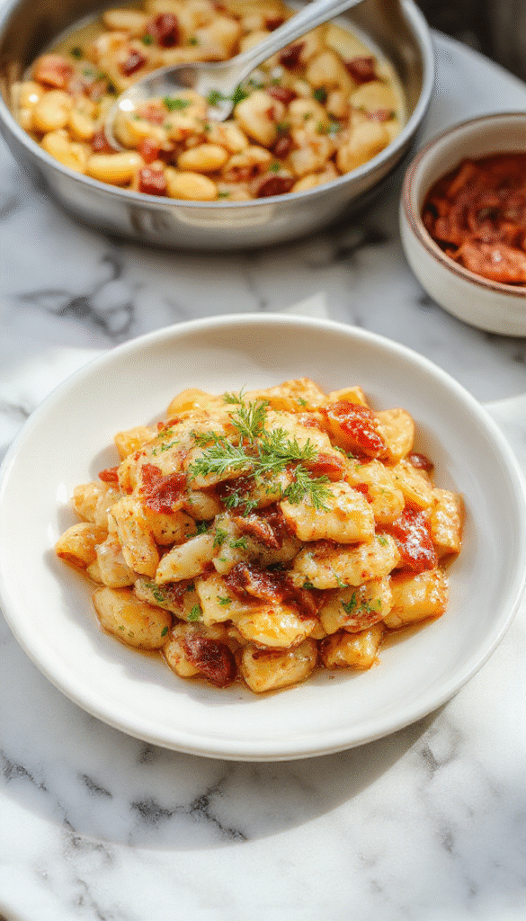 A close-up of a creamy, golden-yellow butter beans dish served in a rustic white bowl garnished with fresh herbs, with a rich, velvety sauce visible on the surface, styled on a wooden table with colorful vegetables and a spoon beside it.