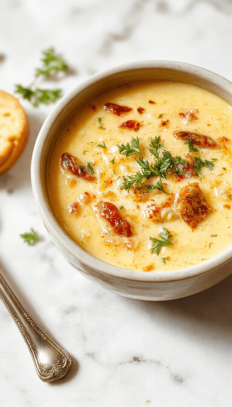 A vibrant bowl of Tuscan Parmesan Cream Soup with a rich, creamy texture topped with grated Parmesan cheese and fresh herbs, served in a rustic white bowl on a wooden table with a spoon beside it, showcasing golden-brown toasted bread on the side.
