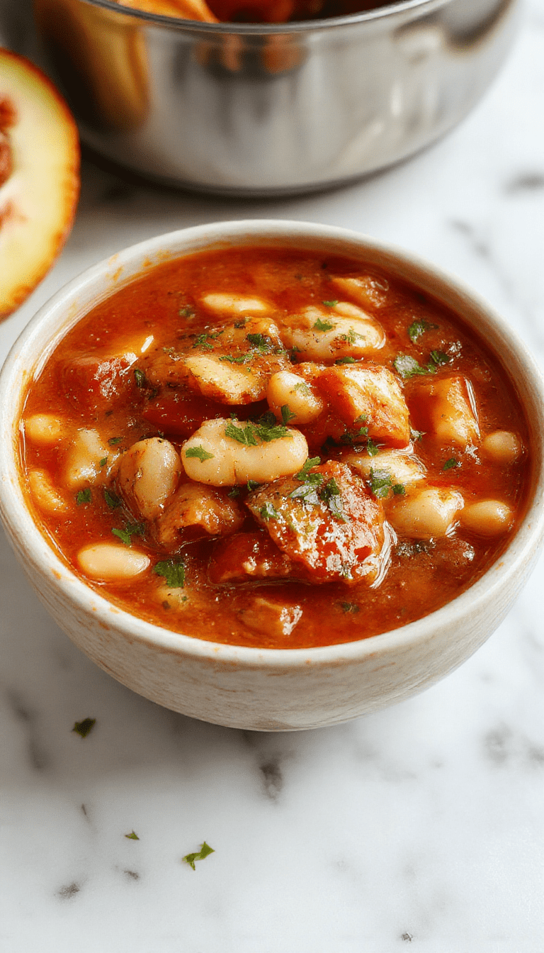 A vibrant bowl of creamy vegan tomato white bean stew featuring a rich tomato base with tender white beans, garnished with fresh basil leaves on a rustic wooden table, showcasing a smooth and hearty texture with steam rising above the colorful dish.