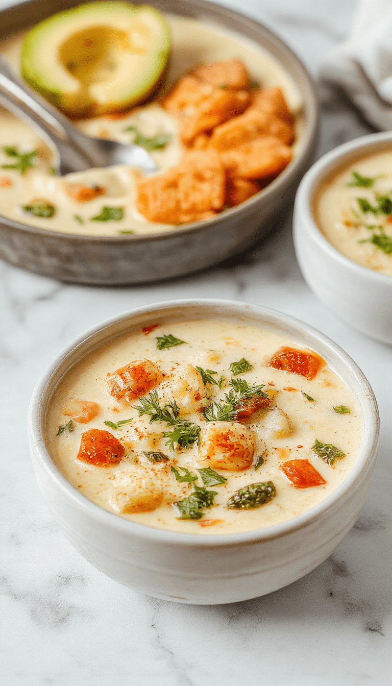 A vibrant bowl of creamy vegetable soup with colorful chopped vegetables including carrots, celery, and broccoli, topped with fresh herbs. The soup has a smooth, velvety texture, served in a rustic white bowl on a wooden table, with steam gently rising and a garnish of parsley for an inviting presentation.