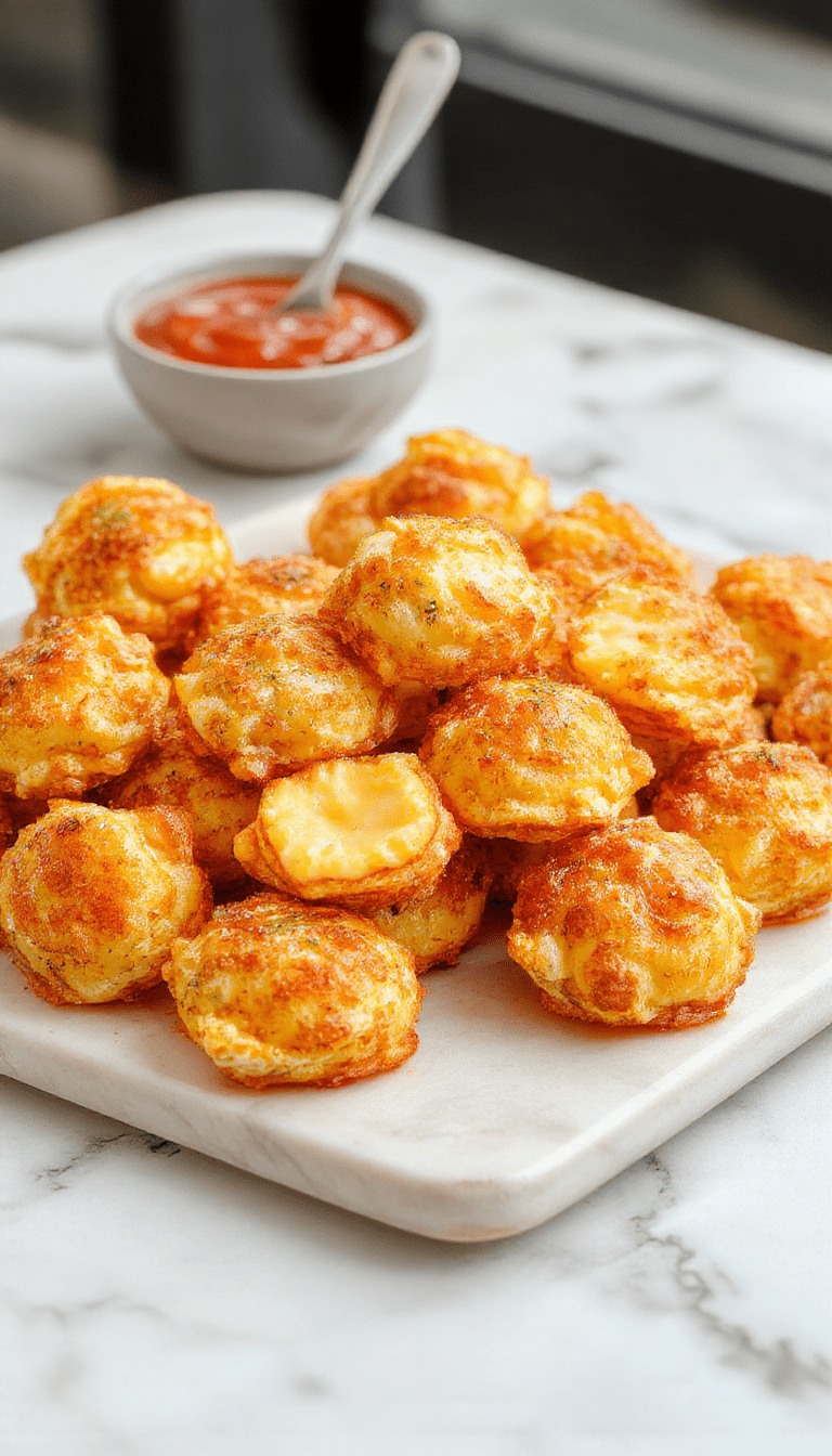 A close-up shot of crispy corn cheese bites arranged on a white plate, golden-brown and crispy with melted cheese oozing from the center. The bites are garnished with chopped green herbs, displayed on a rustic wooden table with a vibrant background, highlighting their crunchy texture and cheesy appeal.