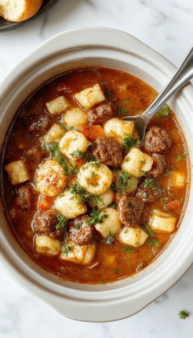A warm, inviting bowl of crockpot tortellini soup with slices of sausage, vibrant green spinach, and melting cheese tortellini, garnished with fresh herbs on a rustic wooden table