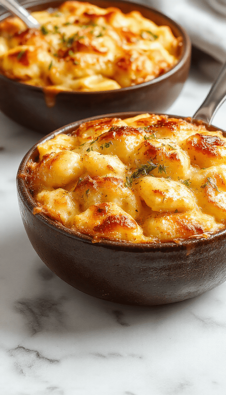 A close-up of a golden-brown baked mac and cheese dish topped with crispy breadcrumbs and melted cheese, served in a rustic ceramic dish with a sprinkle of herbs, vibrant yellow cheese, and crunchy topping contrasting with creamy pasta beneath.