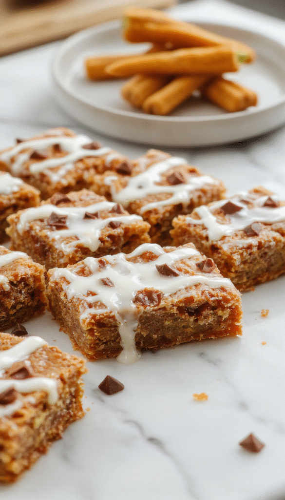 Colorful carrot cake bars arranged on a rustic wooden platter, showcasing their moist texture and vibrant orange hue, topped with cream cheese frosting and sprinkles, styled with fresh grated carrots and edible flowers for a tempting dessert display.