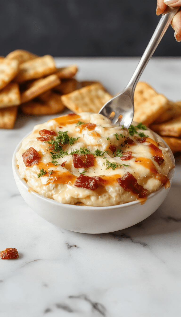 A creamy cheese dip infused with chunks of crispy bacon and drizzled with golden maple syrup, presented in a white bowl on a wooden platter, garnished with chopped green onions and served with crunchy crackers and fresh vegetable sticks, vibrant and appetizing.