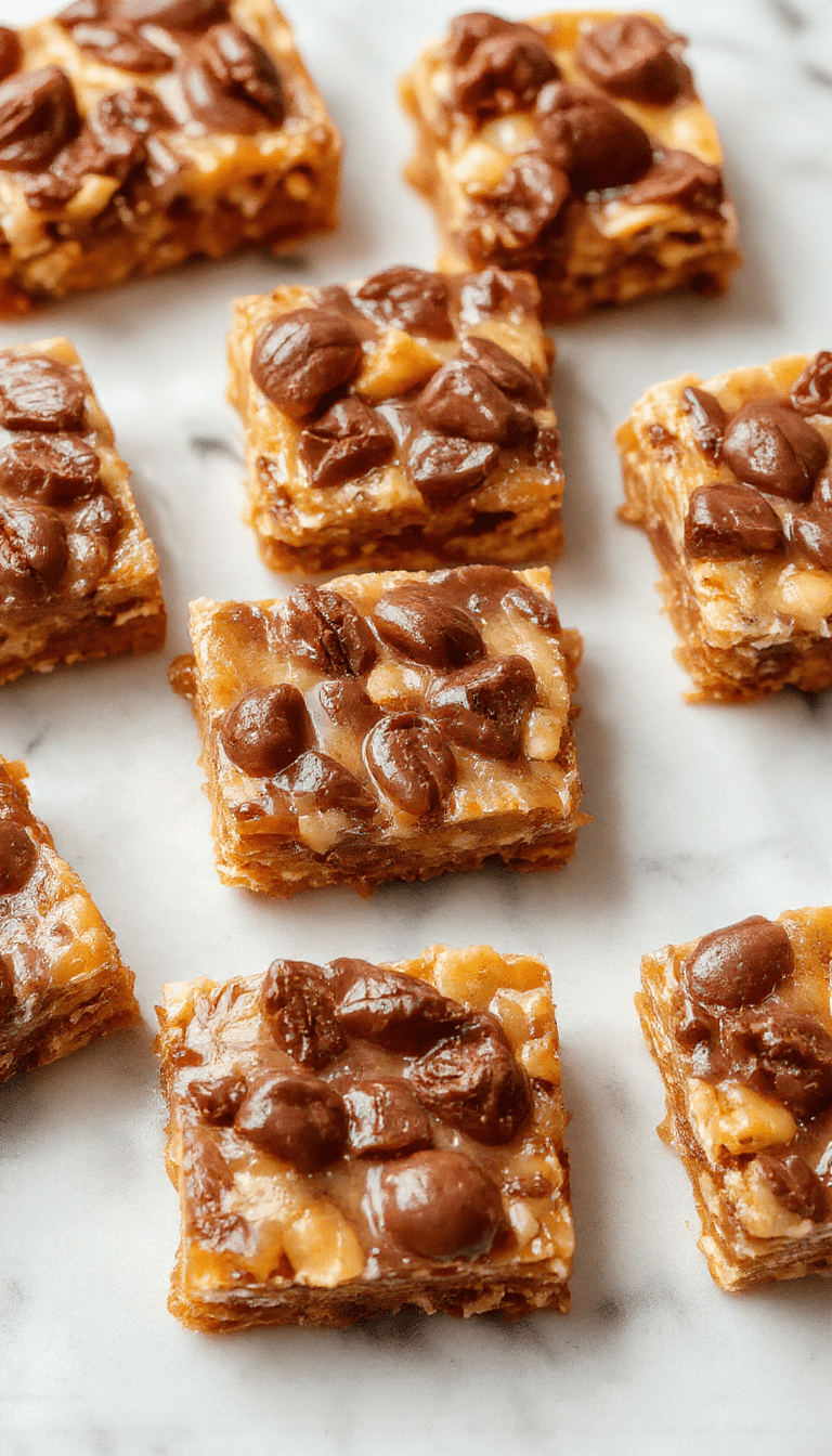 Colorful display of layered turtle bars with a glossy caramel topping, chopped nuts sprinkled on top, placed on a rustic wooden tray with a fork beside them.