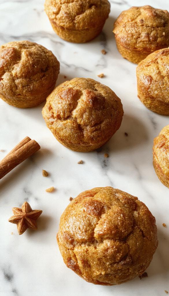 A close-up of golden-brown apple cinnamon muffins arranged on a rustic wooden platter, topped with a sprinkle of cinnamon and crispy edges, with fresh apple slices and a cinnamon stick as garnishes, styled with a cozy kitchen background and natural lighting