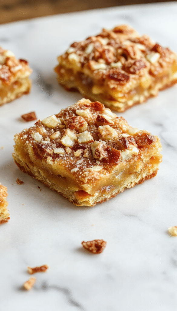 Brightly colored apple crisp shortbread bars arranged on a rustic wooden surface, showcasing a golden crispy top with chunks of tender apple filling, garnished with a dusting of powdered sugar and served with a scoop of vanilla ice cream, highlighting their rich textures and inviting appearance.