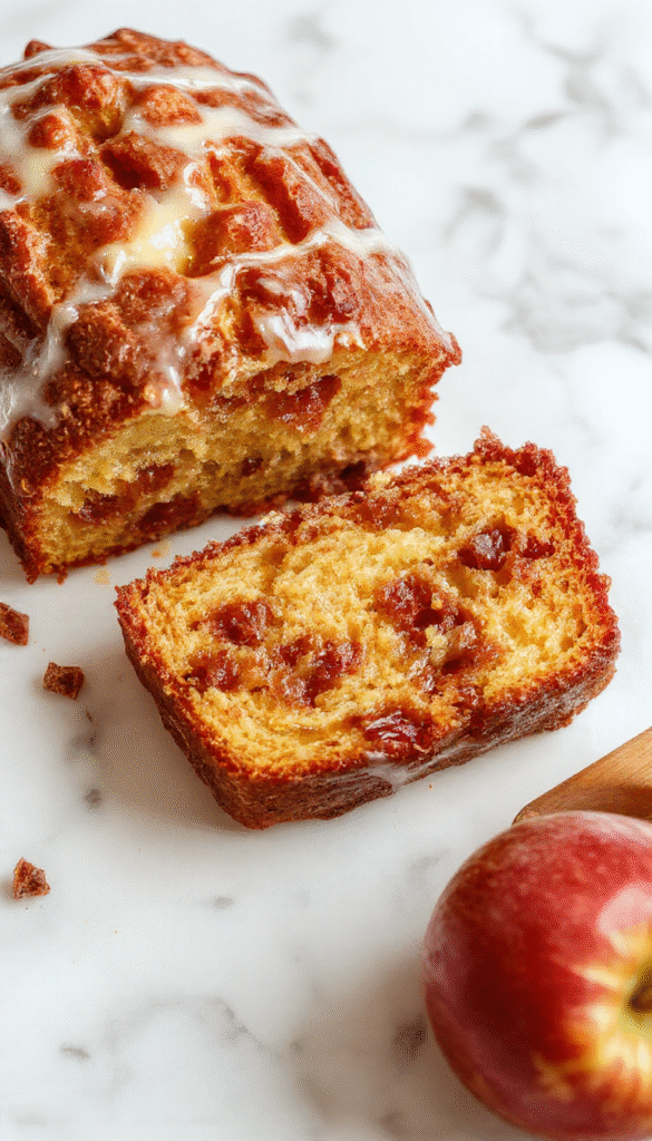 A golden-brown slice of apple cider pound cake garnished with fresh apple slices and a drizzle of caramel sauce, served on a rustic wooden table with autumn leaves in the background, showcasing a moist texture and a hint of cinnamon.