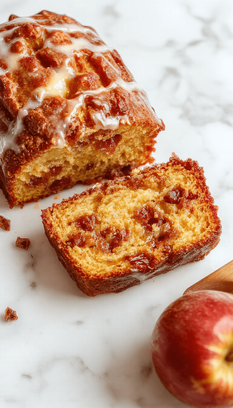 A golden-brown slice of apple cider pound cake garnished with fresh apple slices and a drizzle of caramel sauce, served on a rustic wooden table with autumn leaves in the background, showcasing a moist texture and a hint of cinnamon.