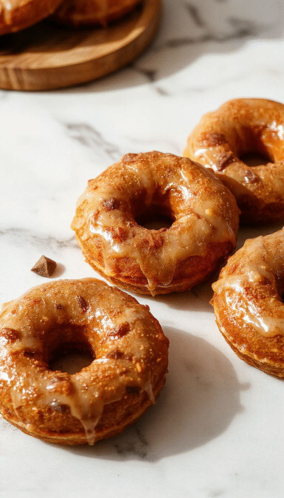 A close-up of freshly baked pumpkin donuts glazed with a light caramel-colored glaze, arranged on a rustic wooden platter with a sprinkle of cinnamon on top, garnished with small pumpkin seeds, styled with autumn leaves in the background, showcasing their soft, fluffy texture and golden-brown exterior.