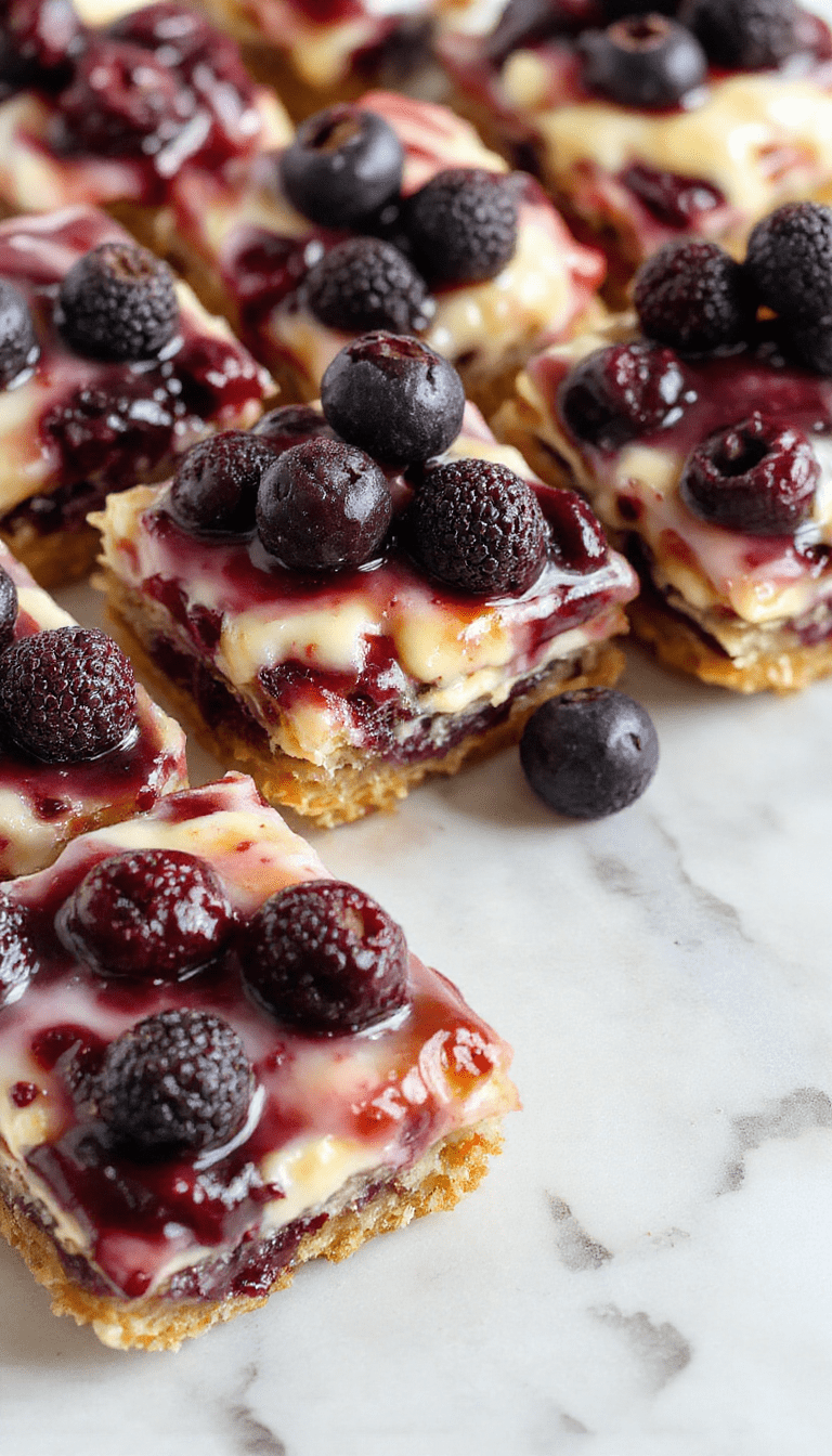 Bright and inviting blueberry cream cheese bars with a golden crust, topped with fresh plump blueberries and a smooth creamy cheese layer, garnished with mint and powdered sugar, styled on a rustic wooden surface.