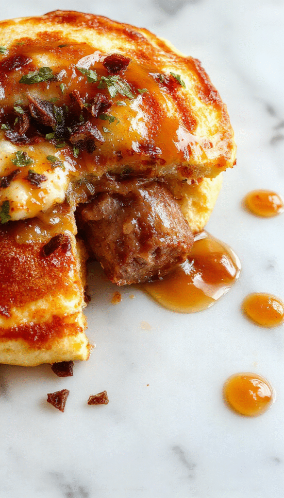 A colorful breakfast casserole baked in a square dish, featuring golden pancakes layered with slices of cooked sausage, topped with melted cheese and fresh chopped herbs, served on a rustic wooden plate with a fork.
