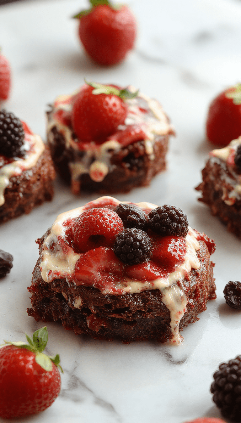 A colorful fruit pizza featuring a crispy brownie crust topped with a layer of creamy white filling and decorated with fresh berries like strawberries, blueberries, and kiwi slices. The vibrant fruits are arranged in an appealing pattern, with a dusting of powdered sugar and mint leaves, styled on a rustic wooden cutting board with sunlight highlighting the textures and bright colors.