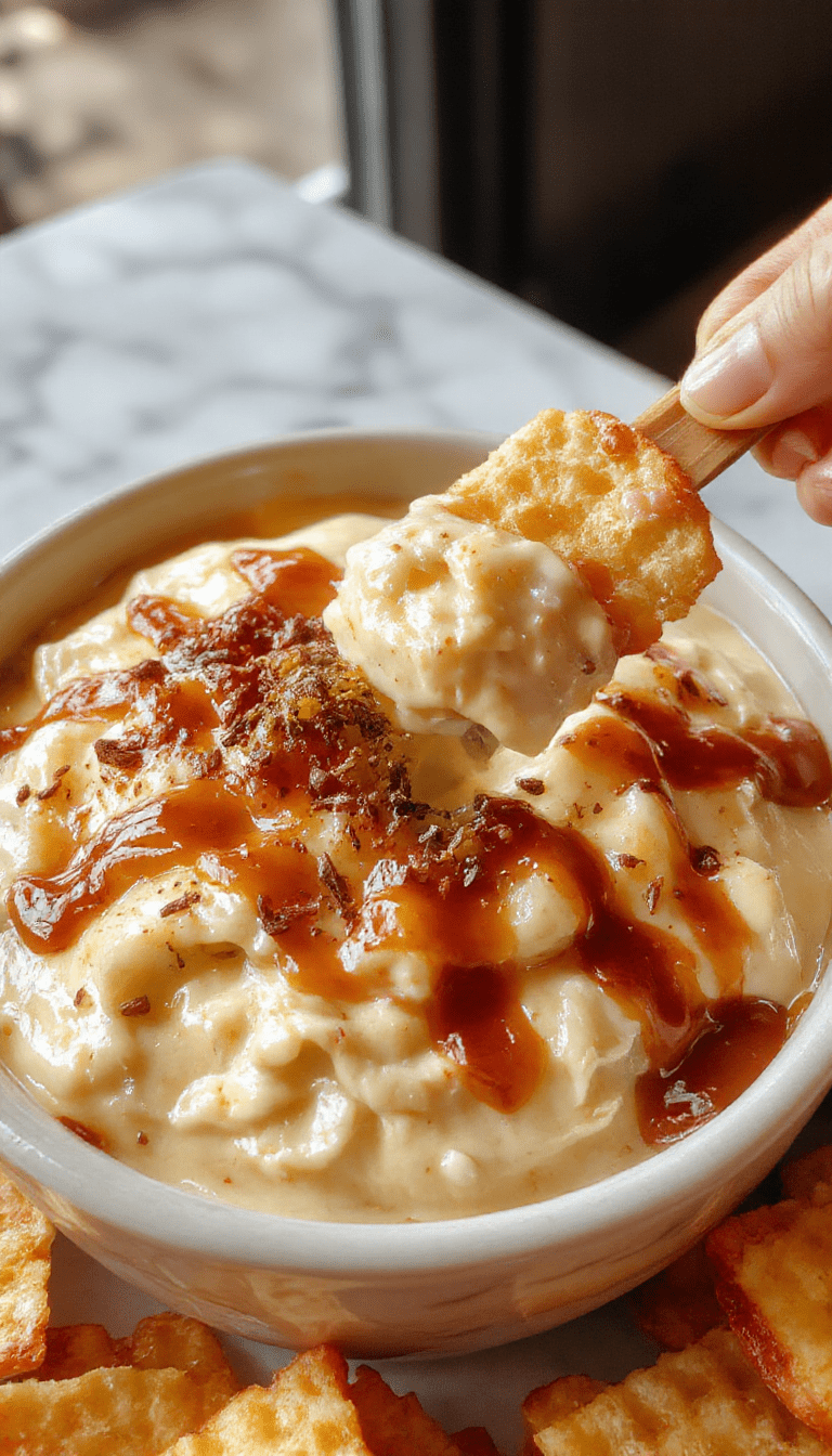 A vibrant bowl of caramel apple cheesecake dip featuring a creamy smooth texture with caramel swirls and small apple chunks, garnished with a drizzle of caramel sauce and a sprinkle of crushed graham crackers, set on a rustic wooden table with fresh sliced apples nearby and a spoon resting on the side, creating an inviting and mouthwatering dessert presentation.