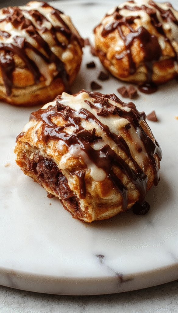 A warm, inviting chocolate croissant breakfast bake topped with powdered sugar and fresh berries, plated in a rustic dish showcasing its flaky, gooey layers and rich chocolate streaks.