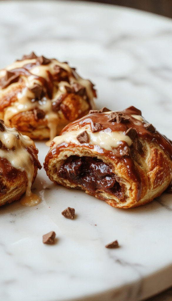 A vibrant breakfast scene featuring a golden-brown chocolate croissant bake topped with powdered sugar and chocolate drizzle, served in a rustic white dish with a side of fresh berries and a cup of steaming coffee, styled on a wooden table with natural light highlighting the flaky layers and creamy chocolate filling.