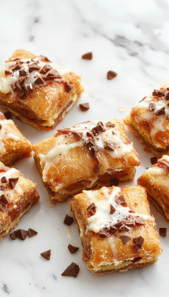 A vibrant display of golden-brown cannoli squares topped with powdered sugar and mini chocolate chips, arranged elegantly on a white plate with a rustic wooden background, showcasing the crispy texture and creamy filling inside.