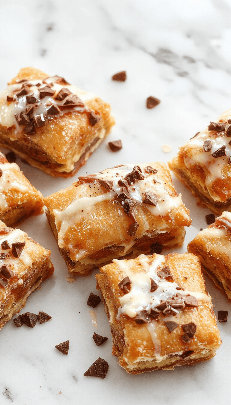 A vibrant display of golden-brown cannoli squares topped with powdered sugar and mini chocolate chips, arranged elegantly on a white plate with a rustic wooden background, showcasing the crispy texture and creamy filling inside.