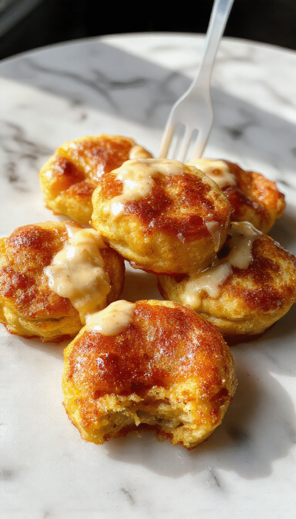 Colorful plate of golden brown McGriddle Bites arranged neatly, showcasing crispy edges and fluffy centers, with syrup drizzled and a sprinkle of powdered sugar, styled on a rustic wooden surface with a backdrop of breakfast items.
