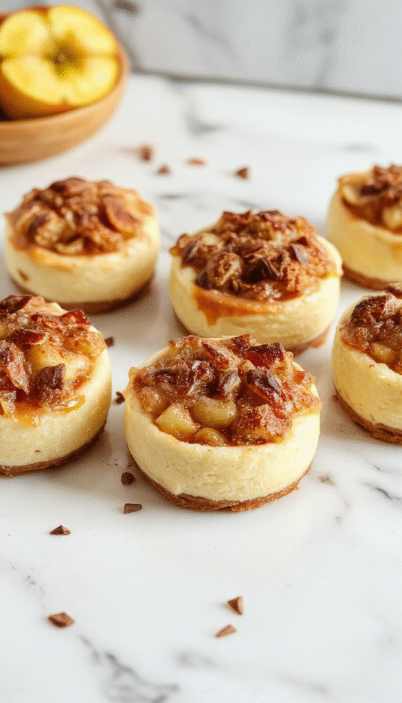 Colorful display of mini cheesecakes topped with golden apple slices, cinnamon sugar, and whipped cream on a rustic wooden plate, styled with fall leaves and spices, showcasing creamy textures and warm tones.