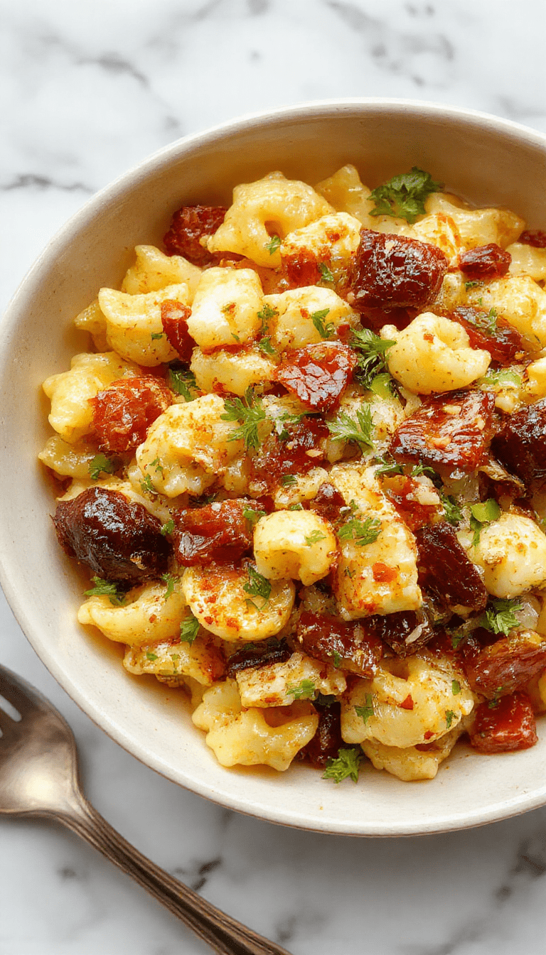 A vibrant bowl of fall harvest pasta salad featuring colorful spiral pasta, crisp vegetables like red bell peppers, cherry tomatoes, and crunchy greens, topped with crumbled feta cheese and fresh herbs. The salad is beautifully arranged on a rustic wooden plate with a drizzle of balsamic glaze, highlighting textures and vivid autumn colors against a neutral background.