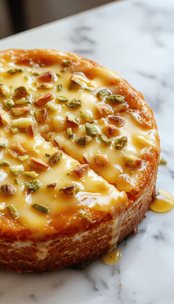 Colorful slice of honey pistachio baklava cheesecake on a white plate with a drizzle of honey and crushed pistachios topping, golden-brown phyllo layers visible, garnished with fresh pistachios and a sprig of mint, styled with a rustic background for an inviting presentation