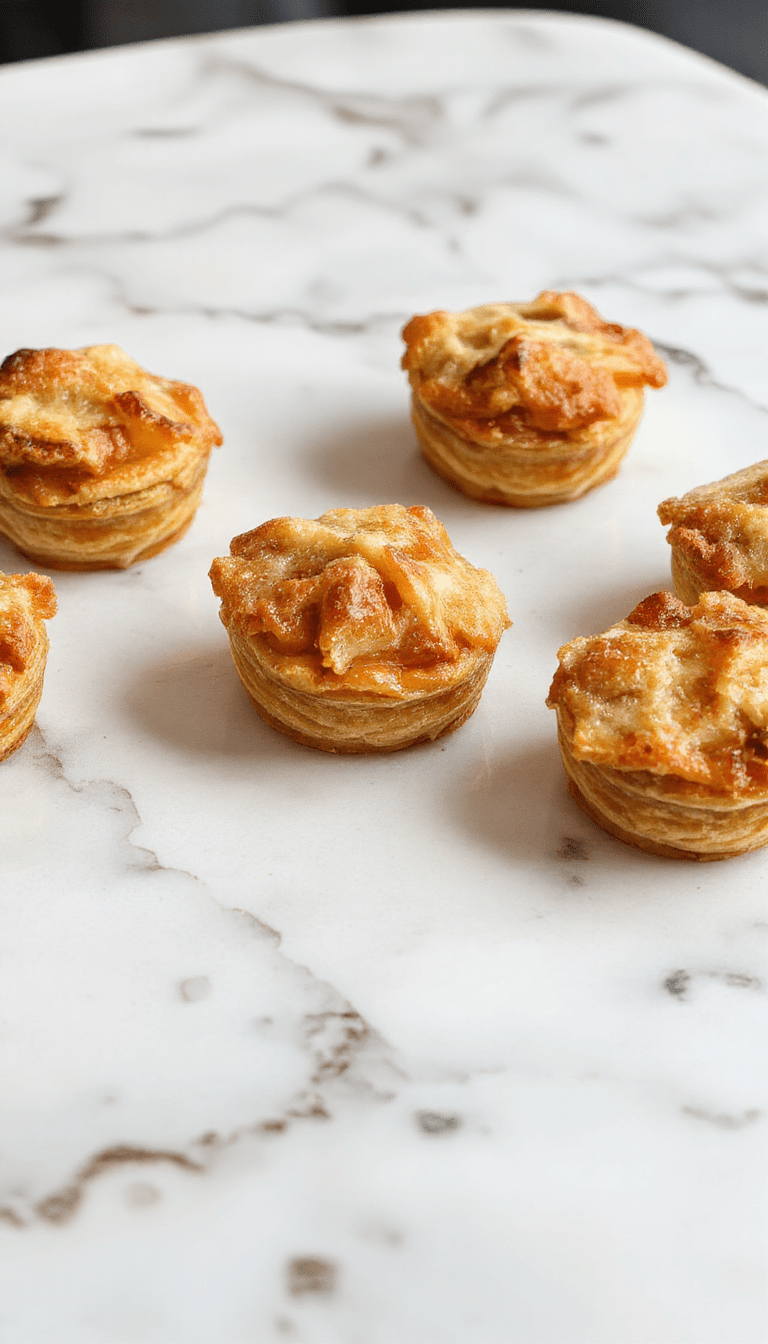 Colorful mini apple pies arranged on a rustic wooden platter, topped with golden flaky crust and a dusting of powdered sugar, with diced fresh apples and cinnamon sticks in the background, styled with a sprinkle of cinnamon.