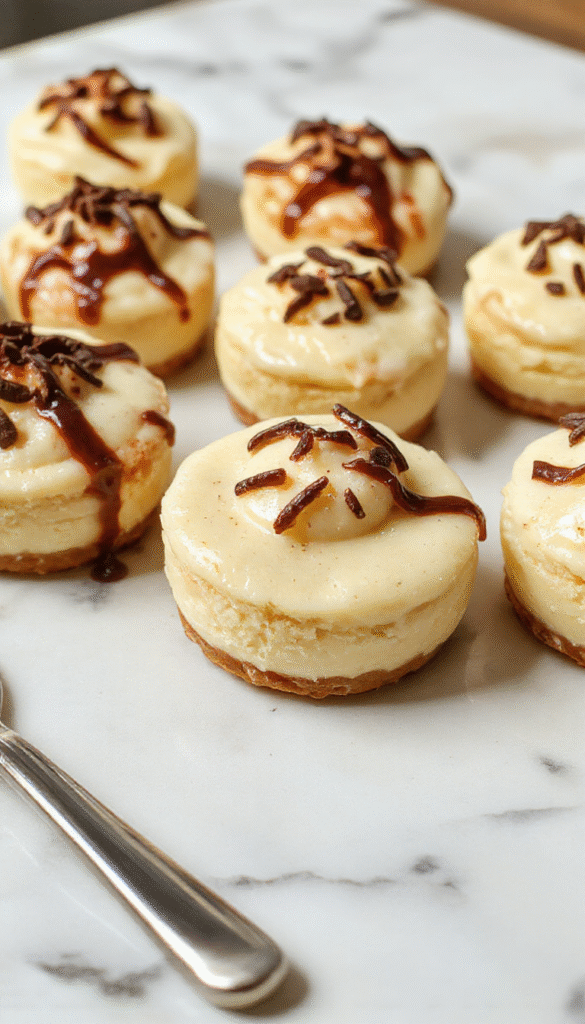 A set of eight mini cheesecakes arranged on a white porcelain plate, each topped with a swirl of creamy vanilla topping and fresh berry garnishes. The cheesecakes have a smooth, pale yellow surface with a golden graham cracker crust visible at the edges. Soft natural lighting highlights the glossy texture and inviting presentation, with a blurred background of a light-colored wooden surface and a few scattered berries.
