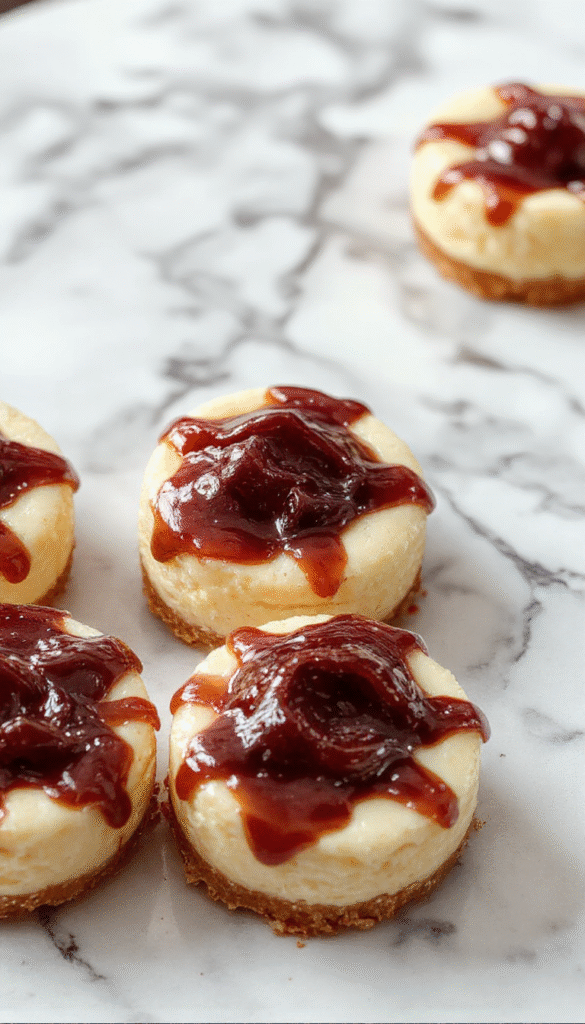 Colorful mini cheesecakes arranged on a white elegant platter, topped with fresh berries and drizzles of chocolate, showcasing smooth creamy texture and golden crust, styled with a rustic wooden background and subtle frosting details.